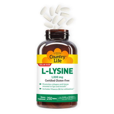 Country Life L-Lysine 1000Mg With B-6 Supports Immune Health Promotes Collagen Renewal In Lips And Mouth 250-Count Certified Gluten Free Certified Vegan