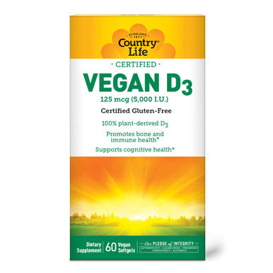 Country Life Vegan D3 5000 Iu 60 Softgels Certified Gluten Free Certified Vegan