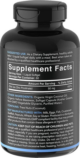 Zinc Picolinate 50mg with Organic Coconut Oil Highly Absorbable Zinc Supplement for Healthy Immune Function NonGMO Verified Gluten Soy 60 Liquid Soft gels