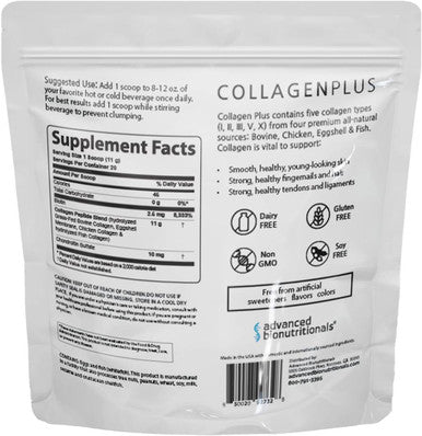 Advanced Bionutials Advanced Collagen Plus Powder ÃƒÂ¢Ã¢â€šÂ¬Ã¢â‚¬Å“ 5 Types of Collagen (I, II, III, V, X) with Biotin & Chondroitin Sulfate Supports Skin Hair Joints & Nails Unflavored Easy Mix Formula