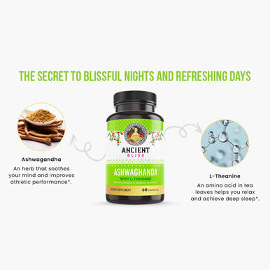 Ancient Bliss Ashwagandha With L-Theanine & Black Pepper Extract Capsules, Energy & Natural Mood Support Supplement, Focus Supplement For Adults