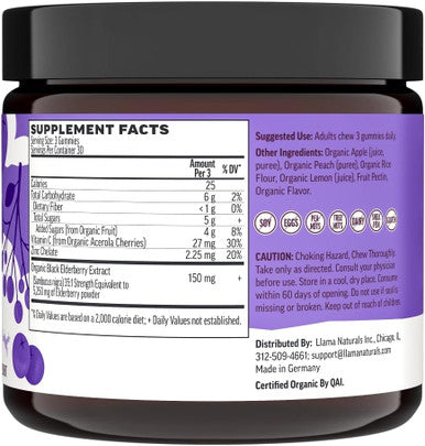 Llama Naturals Real Fruit Sambucus Elderberry Gummies For Adults No Added Sugar Cane, Vegan, Organic Immune Support Zinc & Natural Vitamin C Immunity For Women, Men 90 Gummies (30 Day)
