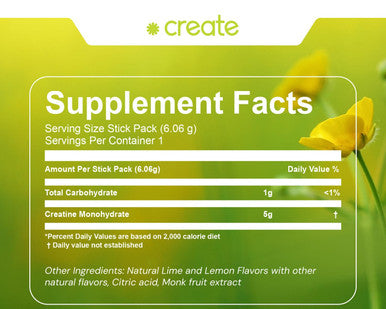 Create Single Serve Creatine Monohydrate Powder 5g Creapure Creatine | Redefining Strength Energy & Recovery | Sugar-Free Vegan Non-GMO | Lemon/Lime | 30 Packets