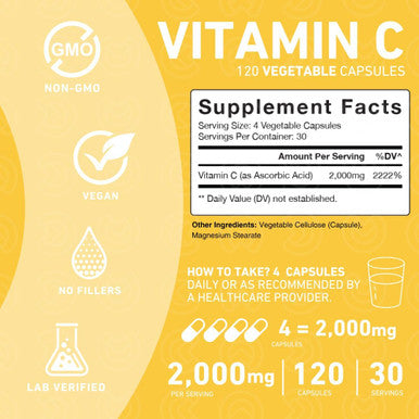 Vitamin C 2000Mg Capsules ÃƒÂ¢Ã¢â€šÂ¬Ã¢â‚¬Å“ Double Strength, High Absorption Supplement, Powerful Antioxidant Properties, 120 Capsules (1 Month Supply)