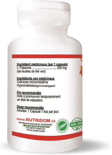 Nutridom Pure L-Theanine 250mg from Decaf Green Tea Leaf, 60 Vegan Capsules, Non-GMO, Relaxation, Stress, Mood & Focus Support without Drowsiness, Product of Canada