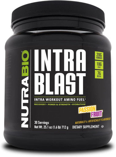 Nutrabio Intra Blast and Pre-Workout Powder - Advanced Electrolyte Performance Drink - Amino Acid Recovery EAA/BCAA Formula - Non-GMO and Gluten - Passion Fruit - 30 Servings
