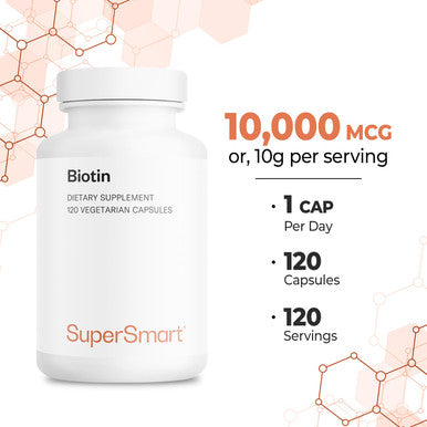 Supersmart Biotin 10000 mcg Per Day Vitamin B7 Supplement Nail Hair Straightener Skin Care May be a Natural Acne Treatment NonGMO Gluten Free 120 Vegetarian Capsules