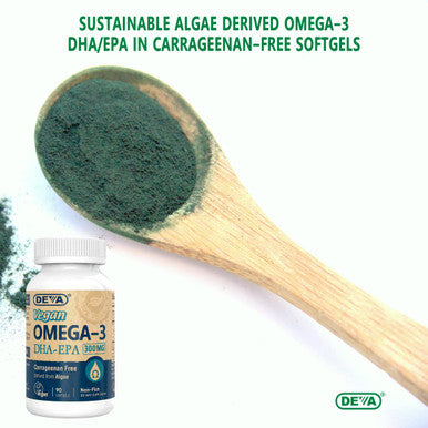 Deva Vegan Omega-3 DHA EPA Supplement Once-Per-Day Softgel 300 MG - Carrageenan Gelatin & Gluten - Non-Fish Algae Oil Fatty Acids - 90 Softgels