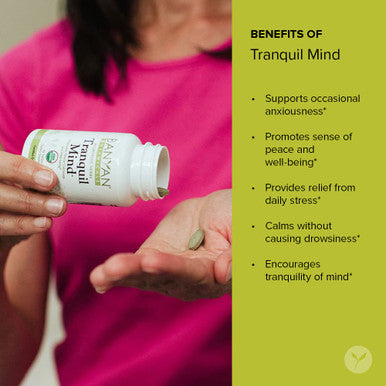 Banyan Botanicals Tranquil Mind Organic Supplement For Calm And Tranquility With Ayurvedic Herbs Guduchi, Brahmi, And Skullcap For Stress Relief* 90 Tablets Non-Gmo Sustainably Sourced Vegan