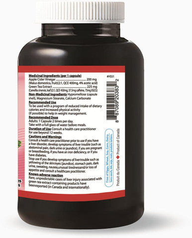 Herbal Slim Apple Cider Vinegar (200mg) with Green Tea Extract (225mg), 60 Vegetable capsules, Non-GMO, Made In Canada