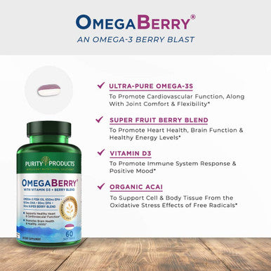 OmegaBerry Fish Oil with Vitamin D3 and Organic Acai 1250mg Concentrated Molecularly Distilled Ultra Pure Omega3 Fish Oil 500mg DHA 650mg EPA 60 Soft Gels 30 Day Supply from Purity Products