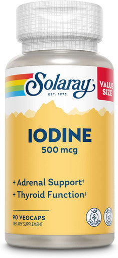 Solaray Iodine 500 Mcg, Iodine Supplement For Healthy Adrenal And Thyroid Support, Energy, Metabolism, And Focus, Potassium Iodide, Vegan, 60-Day Money-Back , 90 Servings, 90 Vegcaps