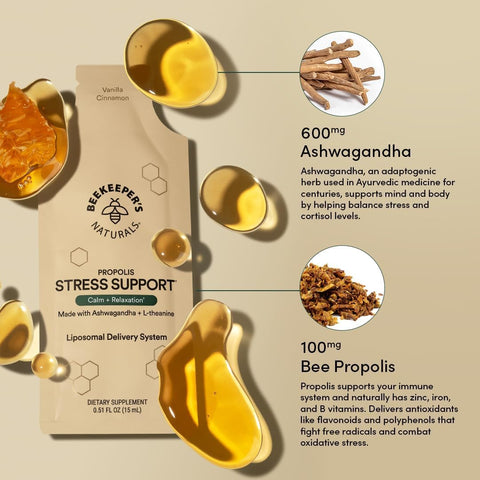 Ashwagandha Liposomal Stress Support By Beekeeper'S Naturals 600Mg With Propolis L-Theanine Anti-Stress Support For Calm & Relaxation 10Ct