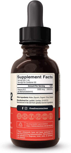 Live Conscious Vegan Vitamin B12 Sublingual Liquid Drops by LiveWell - Methylcobalamin Maximum Strength 5000 mcg Formula - Support Energy and Mood, Promote Memory, Aid Immune System - 60 Servings