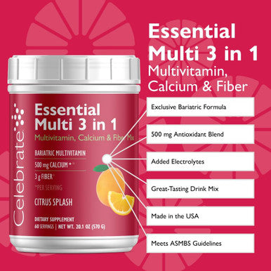 Celebrate Vitamins 3-In-1 Bariatric Multivitamin With Calcium Citrate Drink Mix - 500Mg Calcium, Gluten , Sugar - Powder Blend For Post Bariatric Surgery - Rasp Lemonade (60 Servings)