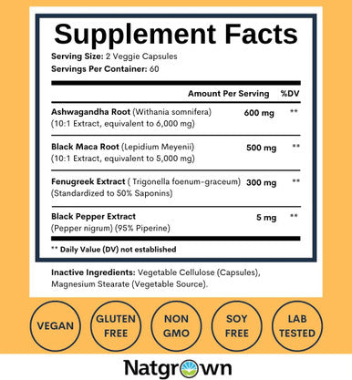 Natgrown Ashwagandha Maca Root Fenugreek Extract Capsules Supplement For Men & Women - Vegan Pills - (120 Count)