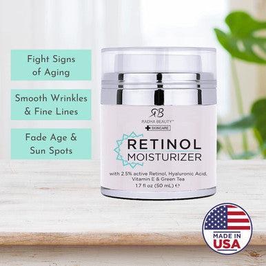 Radha Beauty Moisturizing Miracle Retinol Cream for Face with 2.5 Retinol Hyaluronic Acid Vitamin E and Green Tea. Best Night and Day AntiAging Wrinkle Cream 1.7 fl oz.