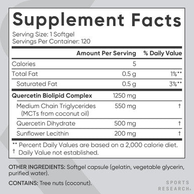 Sports Research Quercetin With Coconut Mct Oil & Sunflower Lecithin For Better Absorption - Supports Antioxidant Activity & Immune Health Gluten & Non-Gmo Verified - 120 Liquid Softgels