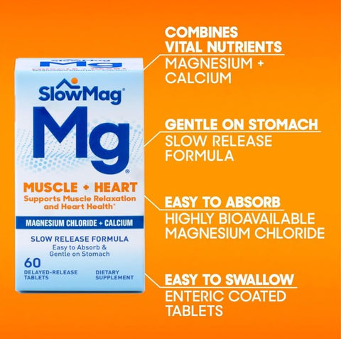 Slowmag Mg Muscle + Heart Supports Muscle Relaxation And Heart Health. Magnesium Chloride + Calcium SlowRelease Tablets Easy To Absorb And Gentle On The Stomach. 60 Count (Pack Of 2)