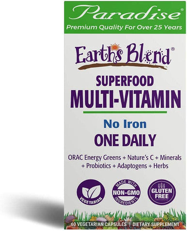 Paradise Herbs Earth's BlendA Organic Superfood Multivitamin No Iron | Antioxidants, Probiotics, Adaptogens, Vitamins A, B, C, D, K2 | Orac Energy Greens + Minerals + Herbs | 60 Vegetarian Capsules