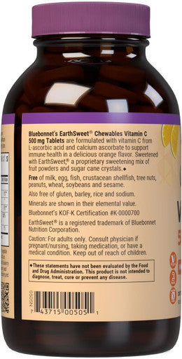 Bluebonnet Nutrition EarthSweet Vitamin C 500 mg Powerful Antioxidant Protection and Immune Health Support Supplement Maximum Absorption Gluten-Free Vegan Orange Flavor 90 Chewable Tablets