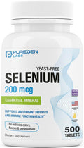 Puregen Labs Selenium 200 Mcg Yeast Essential Mineral - 500 Vegetarian Tablets Immune & Antioxidant Support Non-Gmo, Gluten Free, Made In Usa