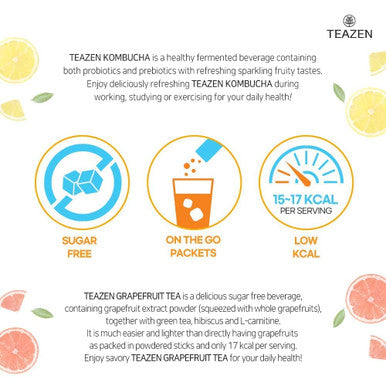 Teazen 5 Flavor 50 stick Variety Pack Kombucha Lemon Berry Citrus Peach flavor (7.05oz 40 Sticks) & Pink Grapefruit Hibiscus and Green Tea Powdered Drink Mix (1.76oz 10 Sticks)