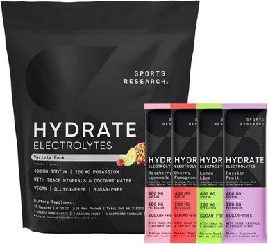 Sports Research Hydrate Electrolytes Powder Packets - Sugar-Free & Naturally Flavored With Vitamins Minerals And Coconut Water - Supports Hydration - 16 Packets - Variety Pack