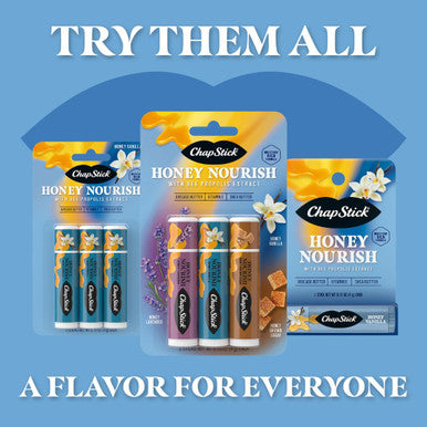 Chapstick Lip Balm Honey Nourish Moisturizing Fomula with Shea Butter and Avocado Butter Vitamin E Flavors Honey Lavender Honey Vanilla Honey Brown Sugar 3CT BC .45OZ