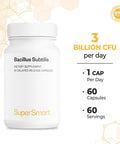Supersmart Bacillus Subtilis 3 Billion CFU Per Day Probiotic Strain Improve Natural Defences Help with External Attacks NonGMO Gluten Free 60 DR Capsules