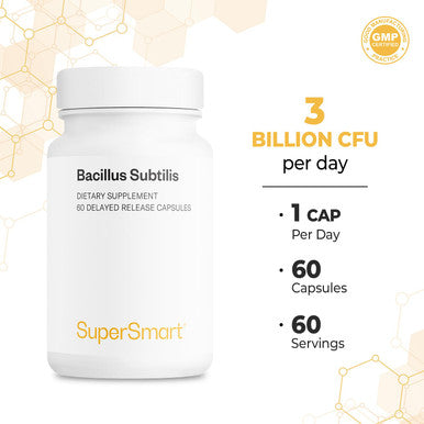 Supersmart Bacillus Subtilis 3 Billion CFU Per Day Probiotic Strain Improve Natural Defences Help with External Attacks NonGMO Gluten Free 60 DR Capsules