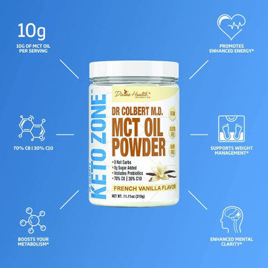 Keto Zone MCT Oil Powder French Vanilla 315 G 30 Day Supply Dr. Colberts Keto Zone Diet Book Coffee Creamer 70 C8 30 C10 0 Net Carbs