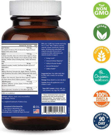 Pure Essence One N Only Multivitamin for Men - Whole Food One a Day Supplement with Superfoods, Minerals, Enzymes, Vitamin D, D3, B12, Biotin with Whole Foods - 90 Tablets