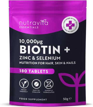 Nutravita Biotin Hair Growth Supplement 10,000Mcg - Scientifically Proven To Maintain Normal Hair Skin & Nails - 180 High Strength Vegan Tablets With Zinc & Selenium - Biotin Vitamins For Women & Men