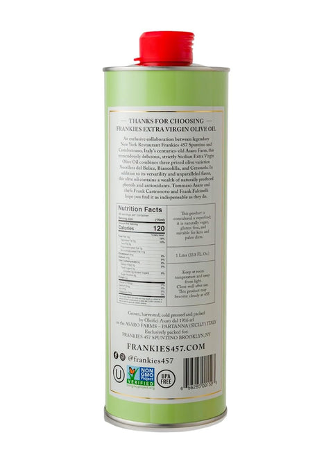 Frankies 457 Everday Extra Virgin Olive Oil - Premium Castelvetrano Olive Oil - Harvested in Sicily - Pure Authentic Italian - Monovarietal - Rich in Flavor - First Cold Pressed - 33.8 fl oz (1 L)