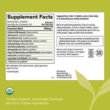 Banyan Botanicals Tranquil Mind Organic Supplement For Calm And Tranquility With Ayurvedic Herbs Guduchi, Brahmi, And Skullcap For Stress Relief* 90 Tablets Non-Gmo Sustainably Sourced Vegan