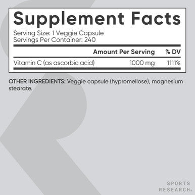 Sports Research High Potency Vitamin C Supplement - Vegan Veggie Capsules For Antioxidant Activity & Immune Support - Non-Gmo Verified & Gluten - Ascorbic Acid Vitamin C 1000Mg, 240 Count
