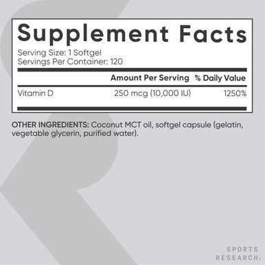Sports Research Vitamin D3 10,000 Iu With Coconut Mct Oil - High Potency Vitamin D Supplement For Immune and Bone Support Non-Gmo Verified, Gluten & Soy 250Mcg, 120 Liquid Softgels