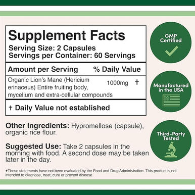 Lions Mane Supplement Mushroom Capsules -120 Count
