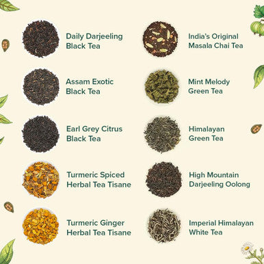Vahdam Assorted Loose Leaf Tea Sampler (10 Teas 50 Servings) Non-GMO Gluten | Whole Loose Leaf Tea Sampler | Tea Variety Pack | Tea Set | s for Women & Men