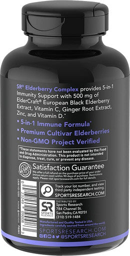 Sports Research Elderberry Immune Support with Zinc Vitamin C D3 5000IU Highest Extract 641 Equivalent 32000mg of Organic Elderberries NonGMO Verified Gluten 60 Veggie Capsules
