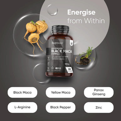 Weightworld Black Maca Root Capsules 5550mg (High Strength) 180 Vegan Black Maca & Yellow Maca Capsules (6 Months Supply) - with L-Arginine Panax Ginseng Pepper - Zinc for Testosterone Levels & Metabolism