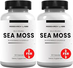 Research Labs 2 Fer 1 Ad Organic Irish Sea Moss Capsules 240 Total Pills, Raw Wildcrafted Seamoss Enhanced w/Bladderwrack & Burdock Root Antioxidant Powerhouse. Thyroid Support