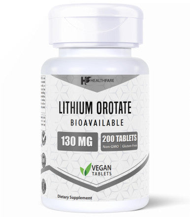 Healthfare Lithium Orotate 130Mg | 200 Tablets | Elemental Lithium | Bioavailable | Third Party Tested | Made In The Usa
