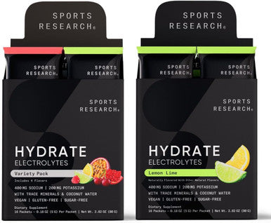 Sports Research Hydrate Electrolytes Combo Pack - Sugar-Free & Naturally Flavored With Vitamins Minerals And Coconut Water - Supports Hydration - 32 Packets - Lemon Lime Dominant Flavor