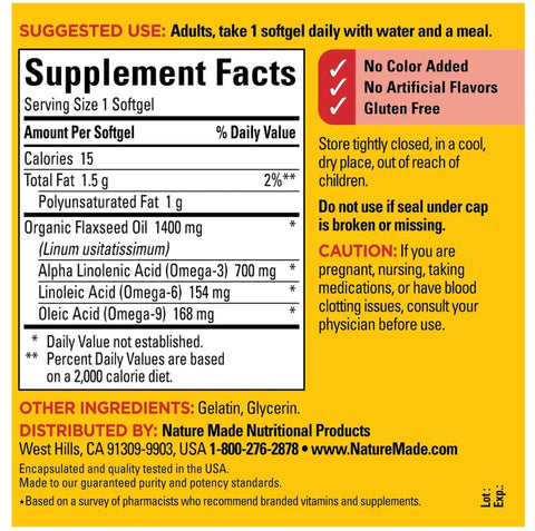 Nature Made Organic Flaxseed Oil 1400 Mg 700Mg Omega 3 100 Liquid Softgels 3 Pack