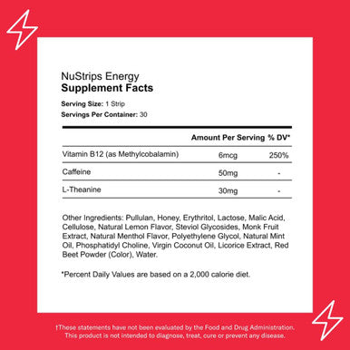 Energy Natural, Instant Energy Strips With 50Mg Caffeine, L-Theanine, Vitamin B12 30 Energy Strips = 30 Energy Drinks 5X Faster Absorption