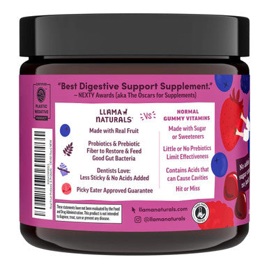 Llama Naturals Kids Probiotic with Prebiotic Fiber Vegan Organic Prebiotics and Probiotics Gummies for Gut Health Support Toddler Real Fruit Gummy Vitamins No Added Sugar Cane Mixed Berry 60 Ct
