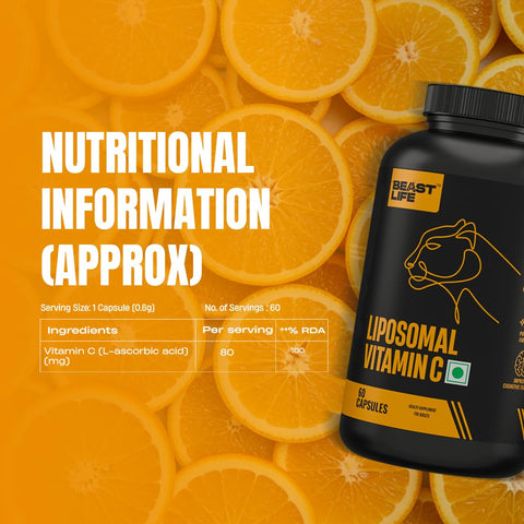 Beastlife Liposomal Vitamin C Higher Bioavailability Neuralize Free Radicals Promotes Firm Skin Health Improve Cogntive Function Immunity Support Fast Absorption 60 Capsules