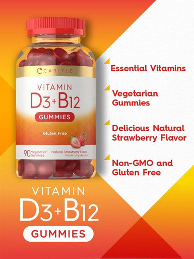Carlyle Vitamin D3 + B12 Complex Gummies | 90 Count | Vegetarian, Non-Gmo, And Gluten Free Formula | Natural Strawberry Flavor